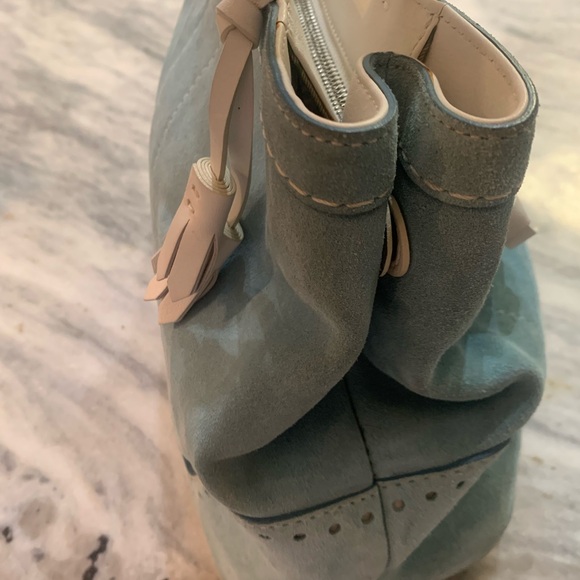 Coach Light Blue Suede Tote with White Leather Trim with Dust Cover - Picture 5 of 8